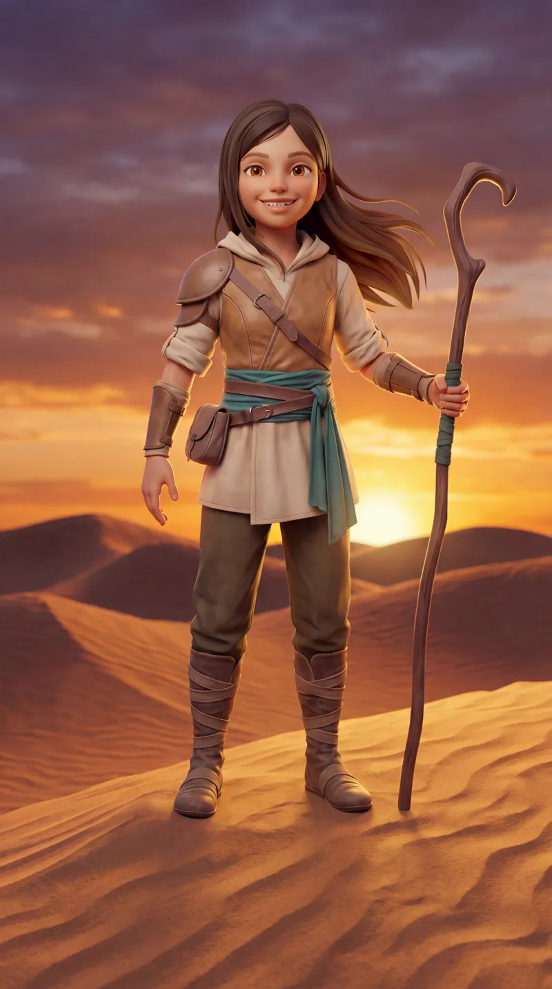 The companion character: a figure in a tan tunic and teal sash holding a staff on a desert dune at sunset