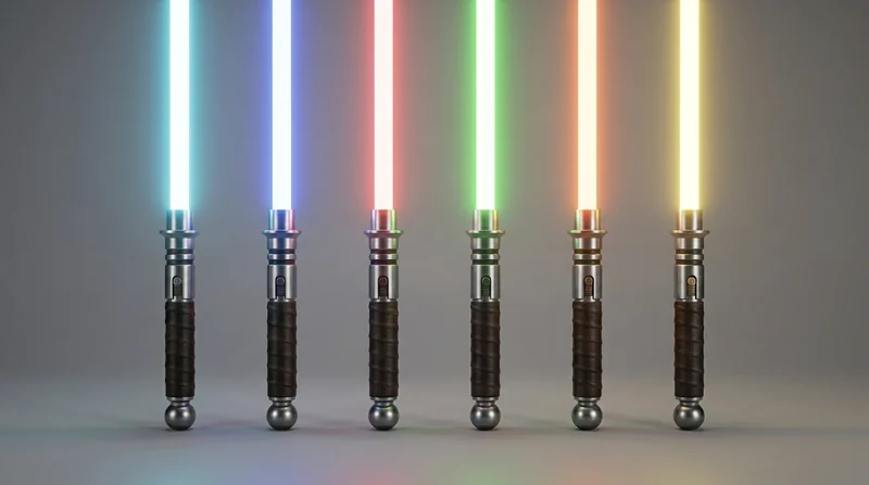Six energy blades in blue, purple, red, green, orange and yellow