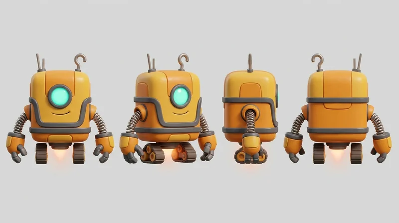 BOLT, a round orange droid, shown from four angles