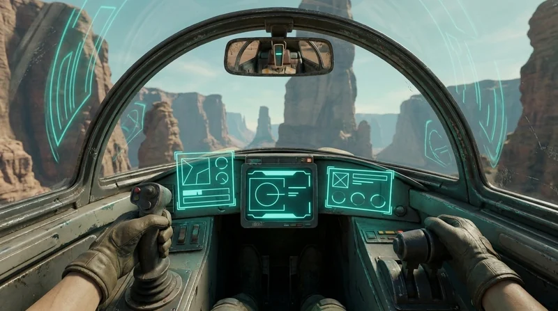 First-person cockpit view over a canyon, gloved hands on the controls and holo displays