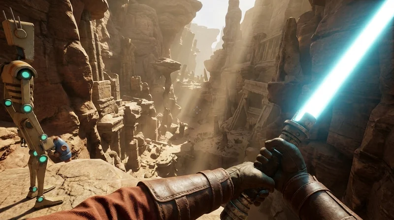 First-person view of a gloved hand holding a glowing blade in a sunlit canyon