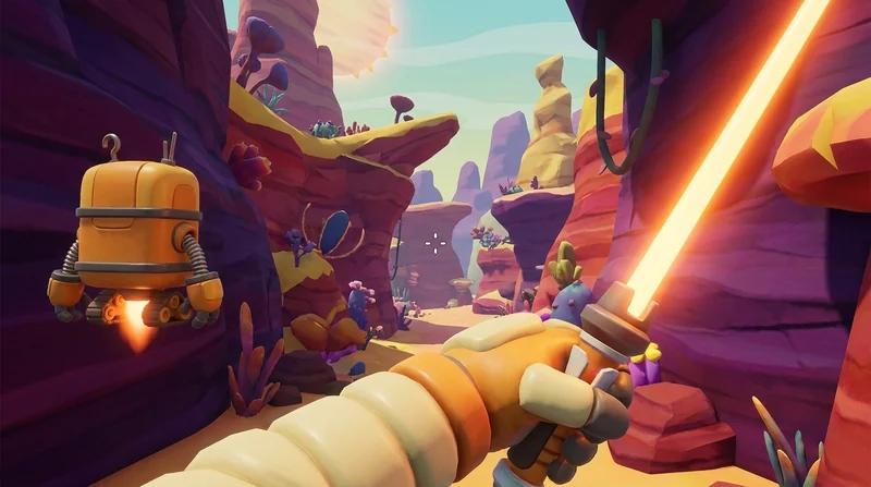 Cartoon first-person view holding an orange energy blade, with BOLT hovering nearby