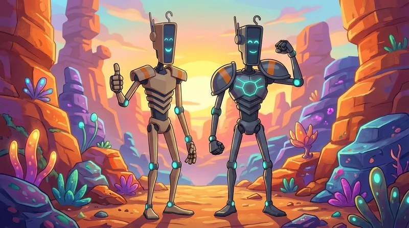 Droids RIVET and CLANK standing in a colourful canyon at sunset