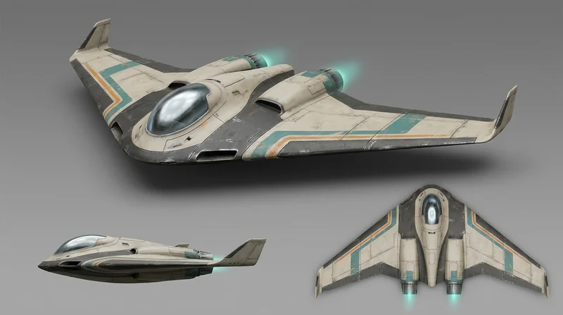 SKYRAY manta-wing starfighter from three angles
