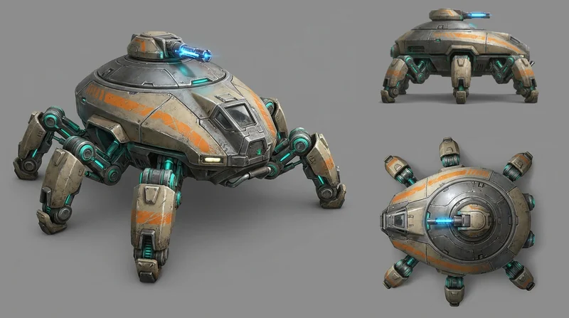 TERRA-WALKER, a six-legged domed walker, shown from three angles