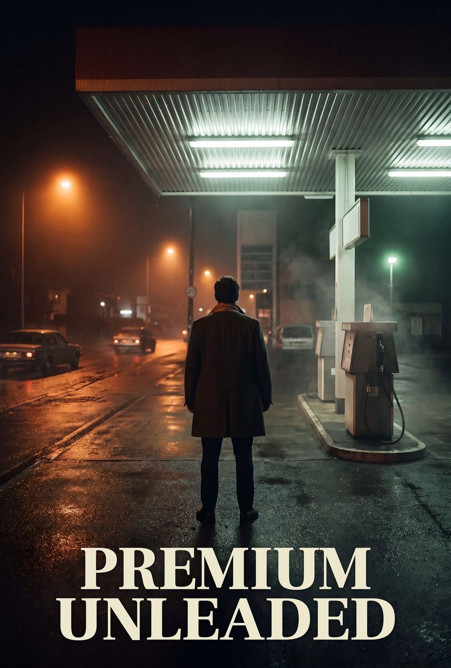 Movie poster: a man in an overcoat stands alone with his back to us under a gas station canopy at night, in fog, on wet asphalt lit by orange streetlights, the title in cream capitals across the bottom.