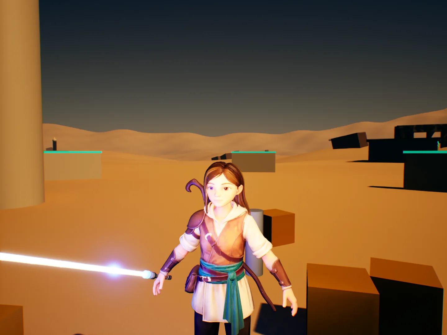 The companion character in third person on the desert, holding a glowing blade