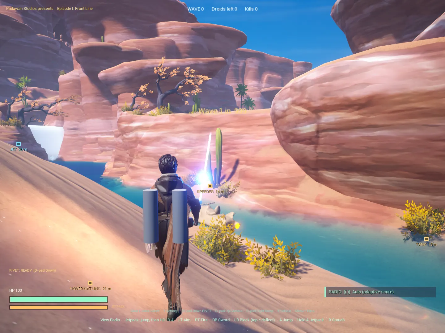 Third-person view of the hero with a jetpack on a canyon ledge above the river